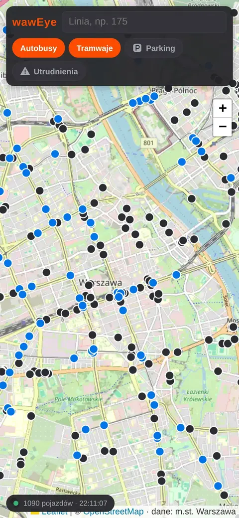 Mapa Warszawy z pojazdami na żywo