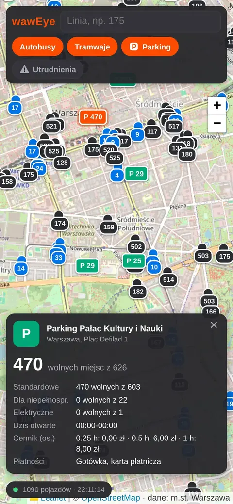 Parkingi z liczbą wolnych miejsc