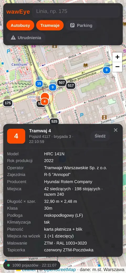 Karta wybranego tramwaju z danymi taboru